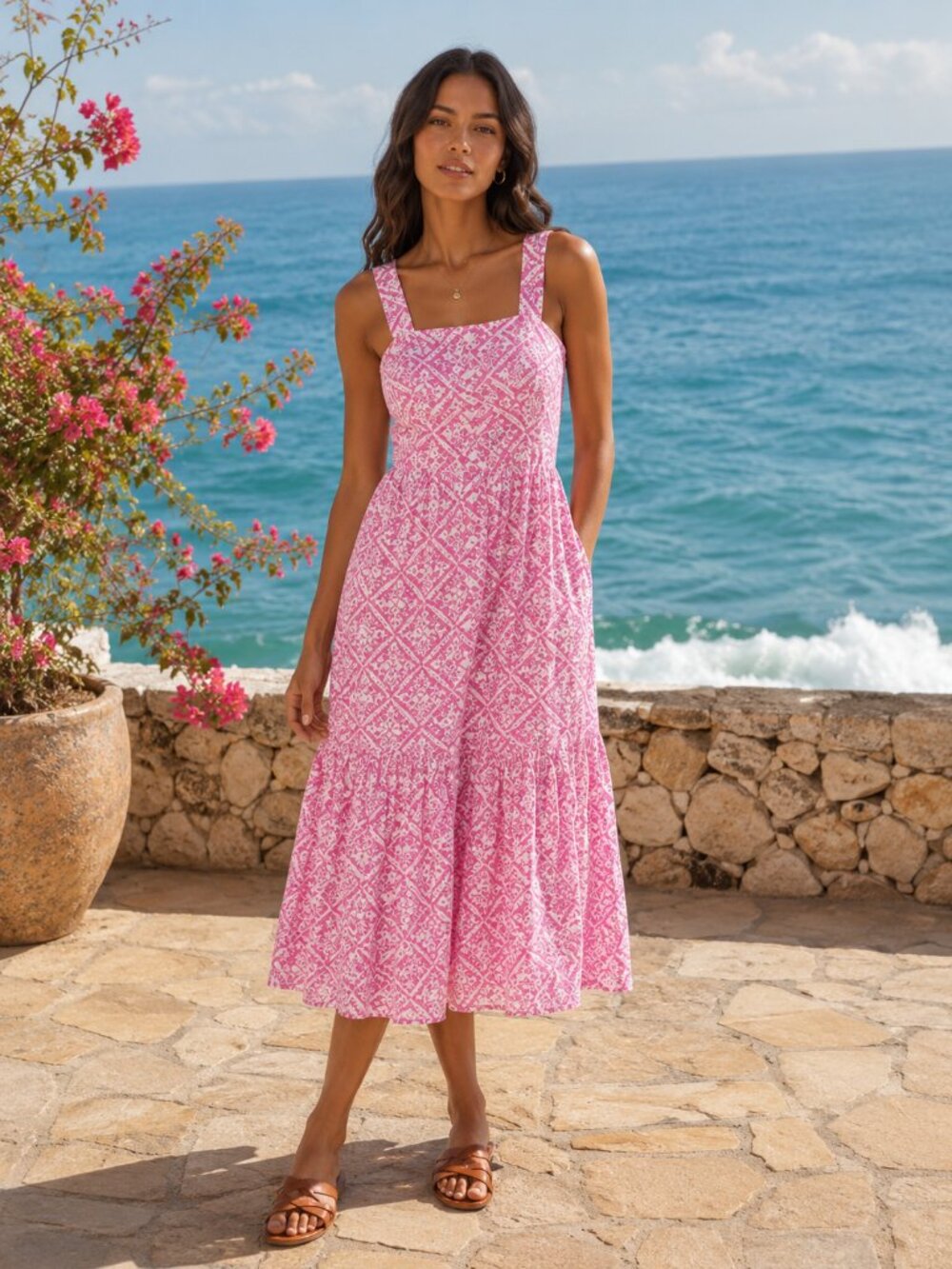Banjanan Women's Helena Sleeveless Sachet Pink Midi Dress Sz M